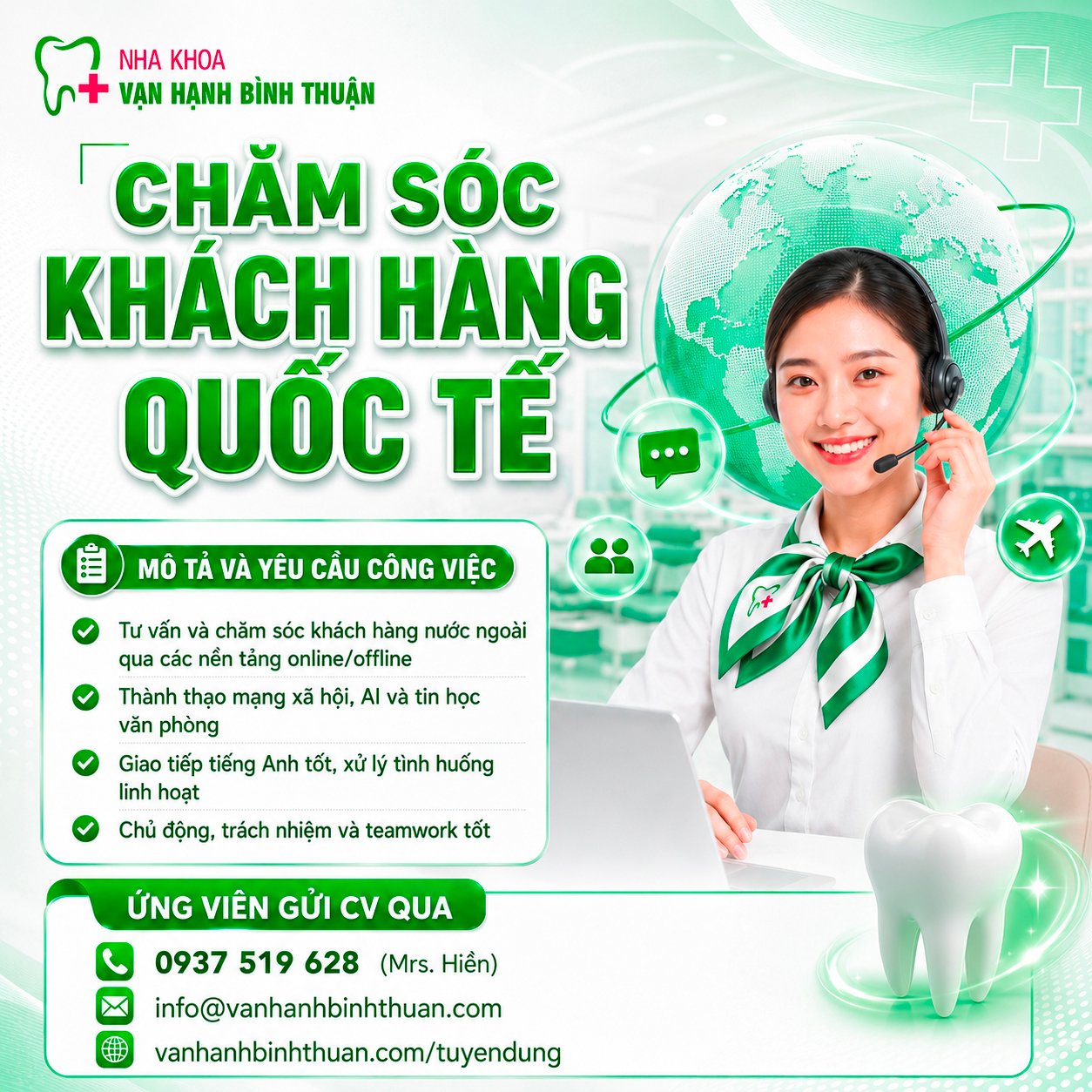 NHA KHOA VẠN HẠNH BÌNH THUẬN TUYỂN DỤNG CSKH QUỐC TẾ